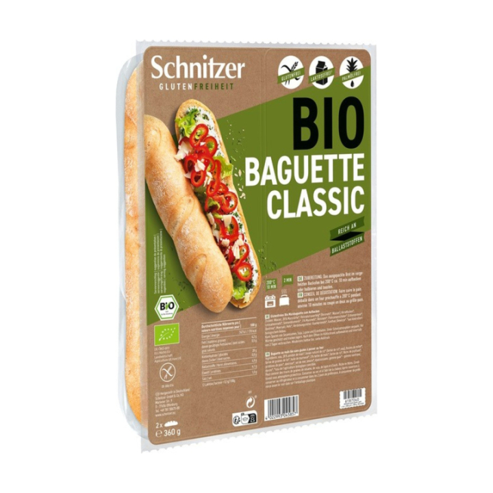 Baguettes nature CLASSIC sans gluten X2 BIO - SCHNITZER (360g) cpam 1.68e